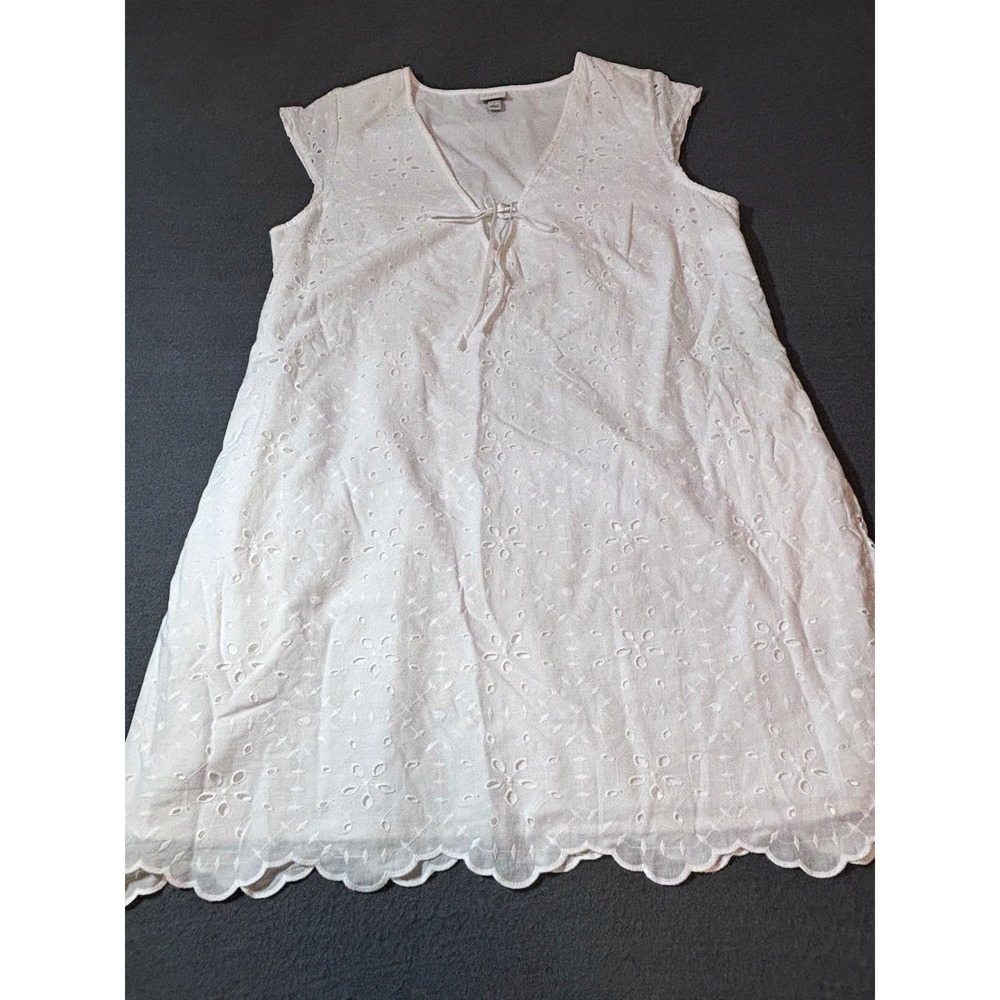 A New Day White Eyelet Embroidered Mini Dress Large Cottagecore Boho Tie Front